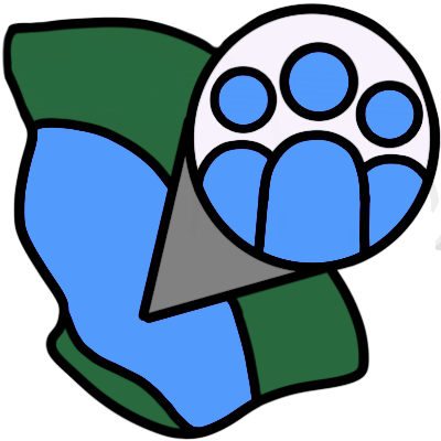 a dark green land shape with an area highlighted in blue. from that blue area is a broadening triangle shape leading to a circle (like a place marker symbol); the circle has three blue figures in it, the same shade of blue as the land area.